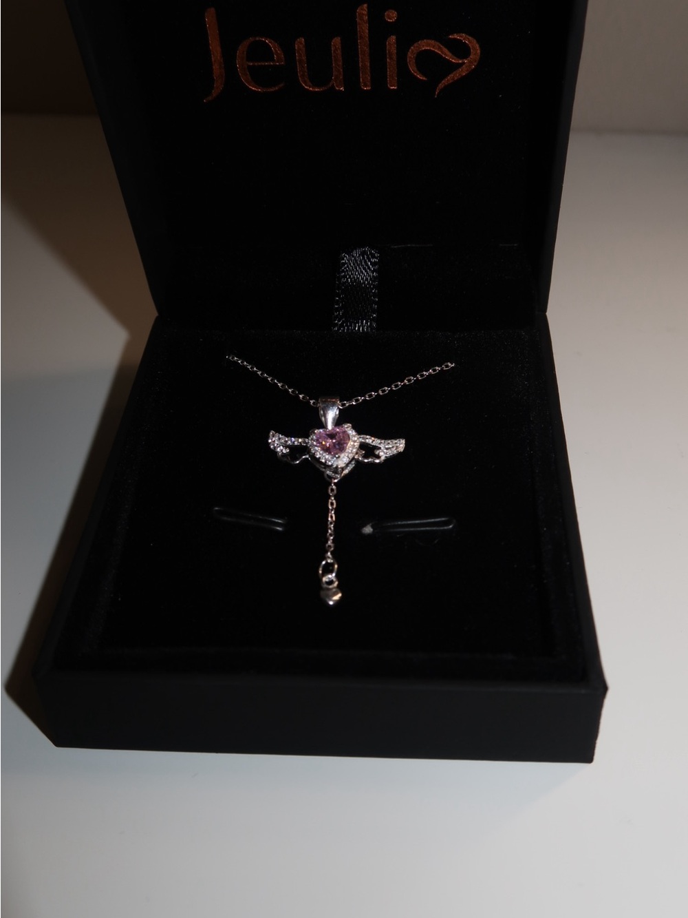 Silver Angel Wing Necklace with Pink Heart Pendant